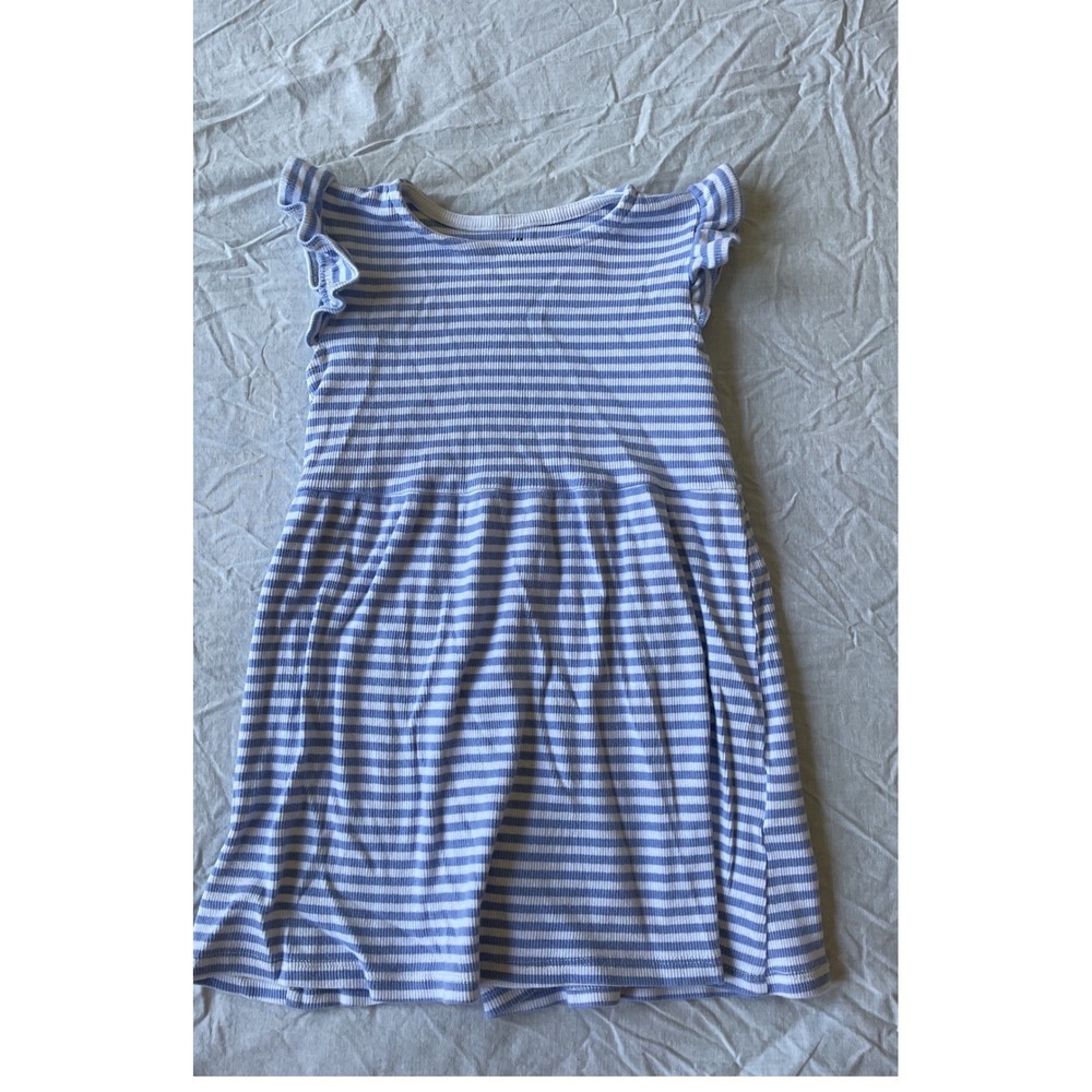 HM Girls Blue White Striped Ribbed Flutter Sleeve Dress Size 3T 4T